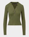 Veronica Beard Jocelyn Rib Stretch Cotton Henley Top In Stone Army