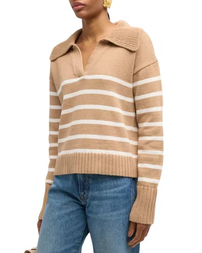 Veronica Beard Jovie Striped Polo Pullover Sweater In Khaki In Green