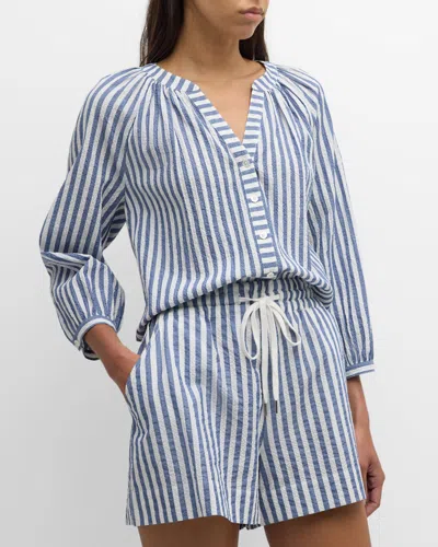 Veronica Beard Judith Striped Button-front Top In Blue