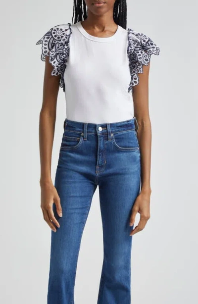 Veronica Beard Julianka Broderie Anglaise Cotton And Stretch-cotton Jersey Top In White Navy
