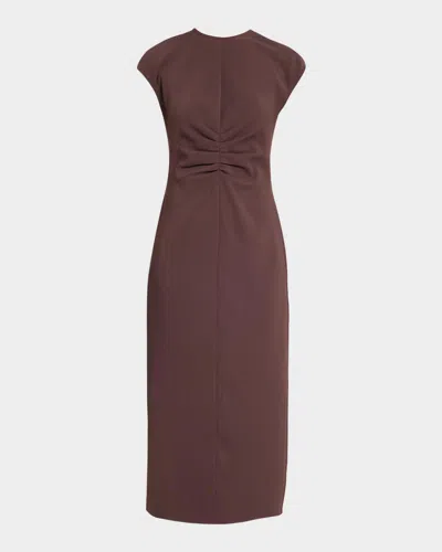 Veronica Beard June Ruched Cap-sleeve Midi Dress In Brown