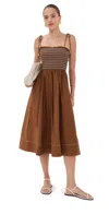 Veronica Beard Kaela Smocked Tie Strap Midi Dress In Brown