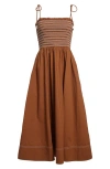 Veronica Beard Kaela Smocked Tie Strap Midi Dress In Brown