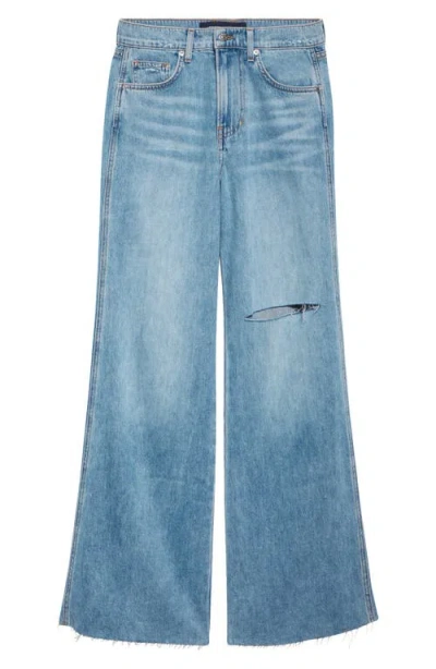 Veronica Beard Kasey Ripped Raw Hem Mid Rise Wide Leg Jeans In Blue