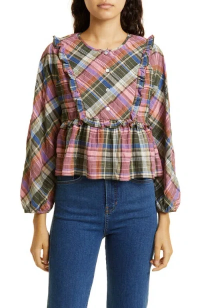 Veronica Beard Katalina Plaid Peplum Top In Olive/pink