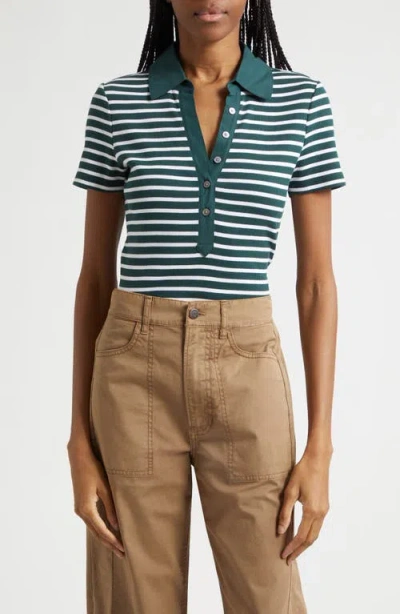 Veronica Beard Kearney Stripe Mixed Media Stretch Cotton Top In Green