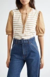 Veronica Beard Kellie Poplin-trimmed Striped Cotton-jersey Top In Off White/khaki