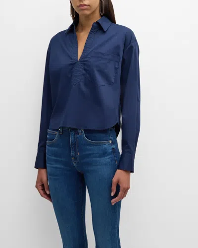 Veronica Beard Khai Poplin V-neck Top In Marine