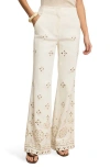 Veronica Beard Komi Embroidered Wide Leg Denim Pants In White