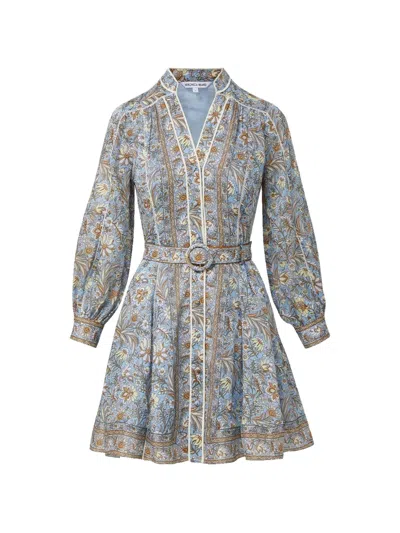 Veronica Beard Kumar Floral-print Belted Linen Mini Dress In Gray