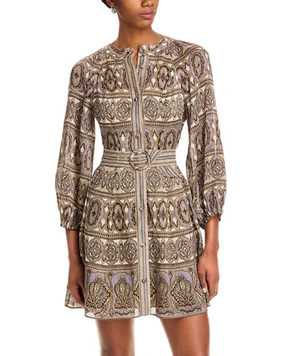 Veronica Beard Kumar Linen Silk Printed Shirt Dress In Stone Khaki