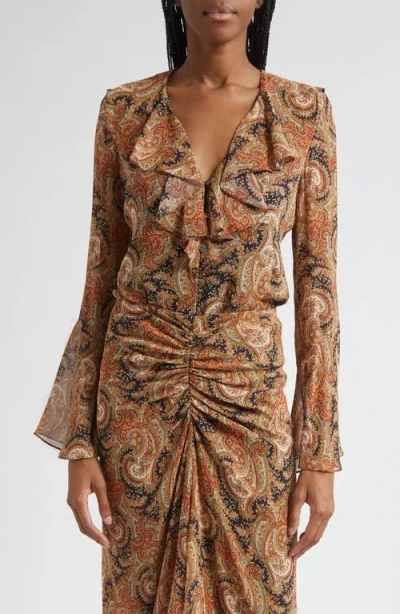 Veronica Beard Kyrie Ruffle Bell Sleeve Silk Button-up Shirt In Brown