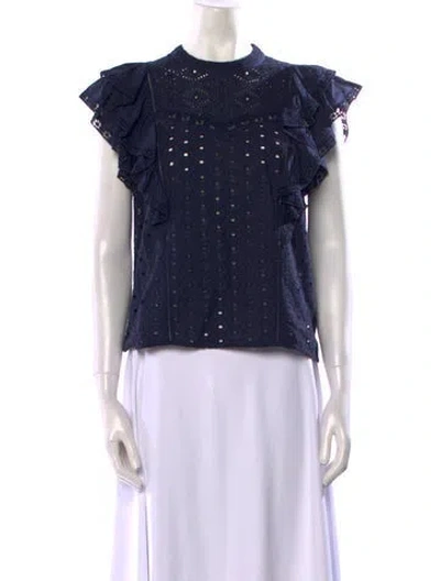 Pre-owned Veronica Beard Lace Pattern Mock Neck Blouse In Blue