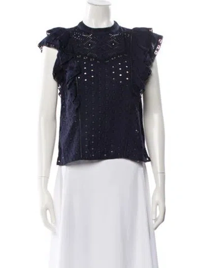 Pre-owned Veronica Beard Lace Pattern Mock Neck Blouse In Blue