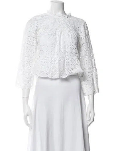Pre-owned Veronica Beard Lace Pattern Tie Neck Blouse In White