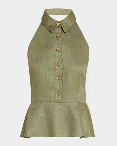 Veronica Beard Lancaster Sleeveless Linen Peplum Top In Stone Army