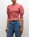 Veronica Beard Langston Smocked Top In Brick Redwhite
