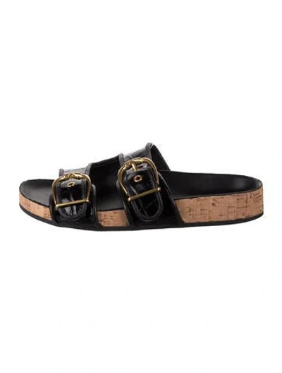 Pre-owned Veronica Beard Leather Animal Print Slides In Black