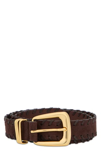 Veronica Beard Leather Belt With Rectangular Gold Buckle In Brown