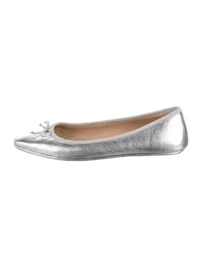 Pre-owned Veronica Beard Leather Bow Accents Ballet Flats In Metallic/silver