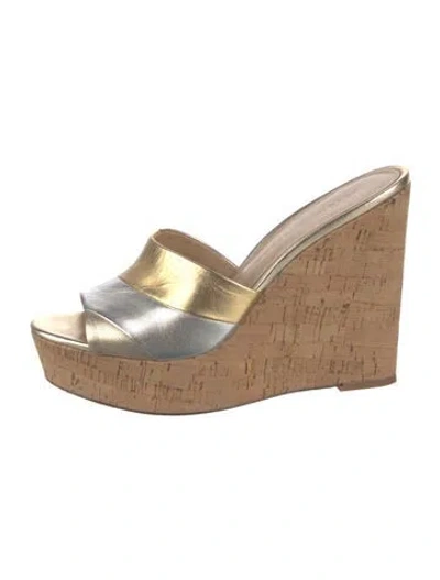 Pre-owned Veronica Beard Leather Colorblock Pattern Slides In Gold/metallic