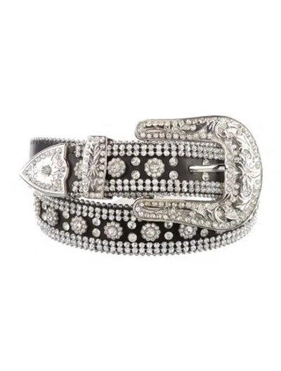 Pre-owned Veronica Beard Leather Crystal Embellishments Belt In Black
