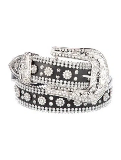 Pre-owned Veronica Beard Leather Crystal Embellishments Belt In Black