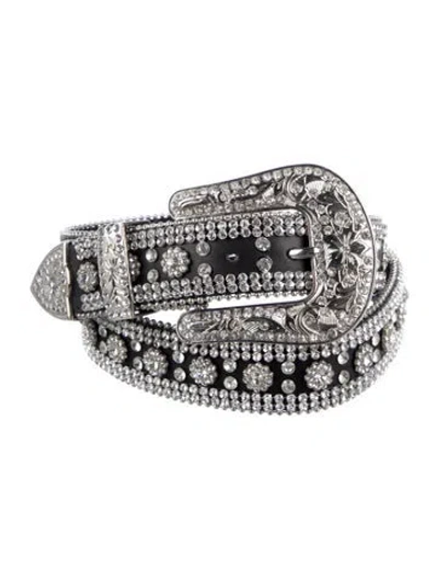 Pre-owned Veronica Beard Leather Crystal Embellishments Belt In Black