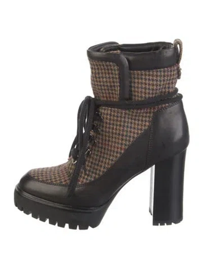 Pre-owned Veronica Beard Leather Houndstooth Print Combat Boots In Brown