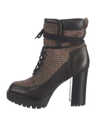 Pre-owned Veronica Beard Leather Houndstooth Print Lace-up Boots In Brown