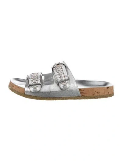 Pre-owned Veronica Beard Leather Slides W/ Tags In Silver