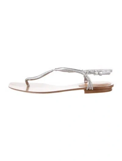 Pre-owned Veronica Beard Leather T-strap Sandals In Silver