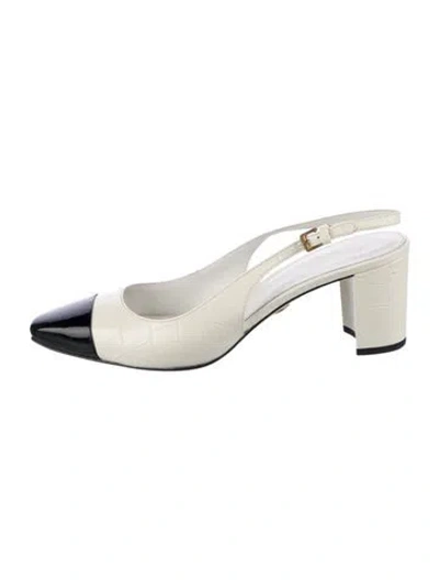 Pre-owned Veronica Beard Leather Tweed Pattern Slingback Pumps In White
