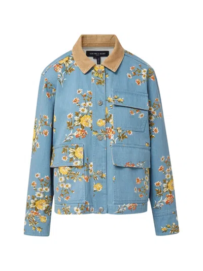 Veronica Beard Leighton Floral-print Corduroy-collar Jacket In Blue