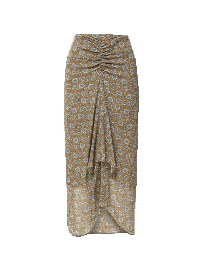 Veronica Beard Limani Floral-print Ruched Skirt In 브라운