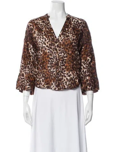 Pre-owned Veronica Beard Linen Animal Print Blouse In Brown