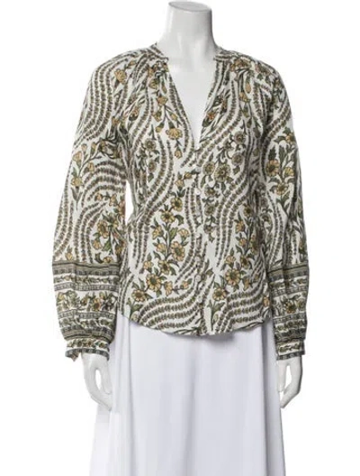 Pre-owned Veronica Beard Linen Floral Print Blouse In White