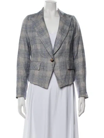 Pre-owned Veronica Beard Linen Houndstooth Print Blazer In Blue