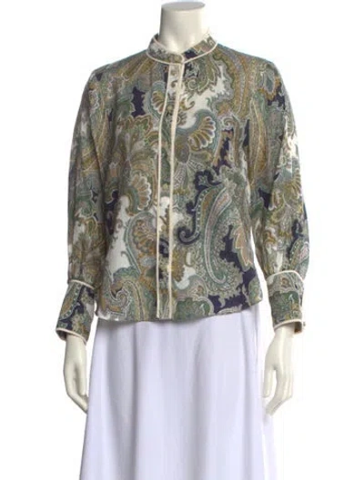 Pre-owned Veronica Beard Linen Paisley Print Blouse In Green