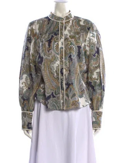 Pre-owned Veronica Beard Linen Paisley Print Blouse In Green