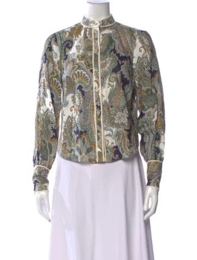 Pre-owned Veronica Beard Linen Paisley Print Blouse In Green