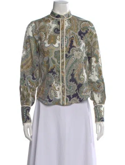 Pre-owned Veronica Beard Linen Paisley Print Blouse In Green