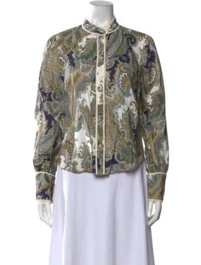 Pre-owned Veronica Beard Linen Paisley Print Blouse In Green