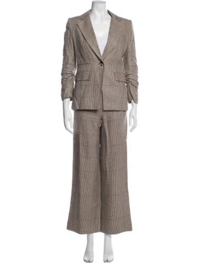 Pre-owned Veronica Beard Linen Plaid Print Pantsuit In Brown