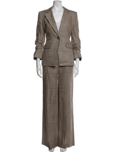 Pre-owned Veronica Beard Linen Plaid Print Pantsuit In Brown