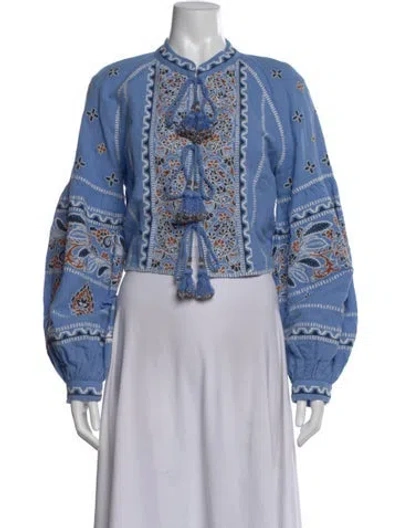 Pre-owned Veronica Beard Linen Printed Blouse In Blue