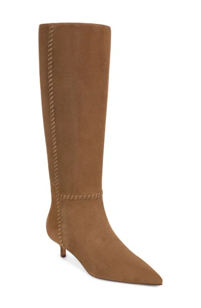 Veronica Beard Lisa Whipstitch Pointed Toe Kitten Heel Knee High Boot In Brown