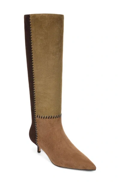 Veronica Beard Lisa Whipstitch Pointed Toe Kitten Heel Knee High Boot In Brown