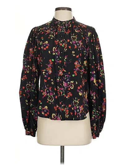 Pre-owned Veronica Beard Long Sleeve Silk Top Black Floral Pattern Mock Neckline Tops
