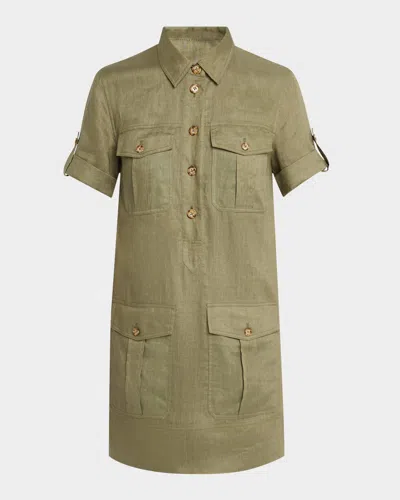 Veronica Beard Lucca Short-sleeve Linen Shirtdress In Stone Army
